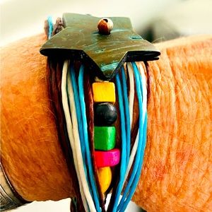 Hand-crafted & painted, wooden star with beads, wrapped, corded bracelet.